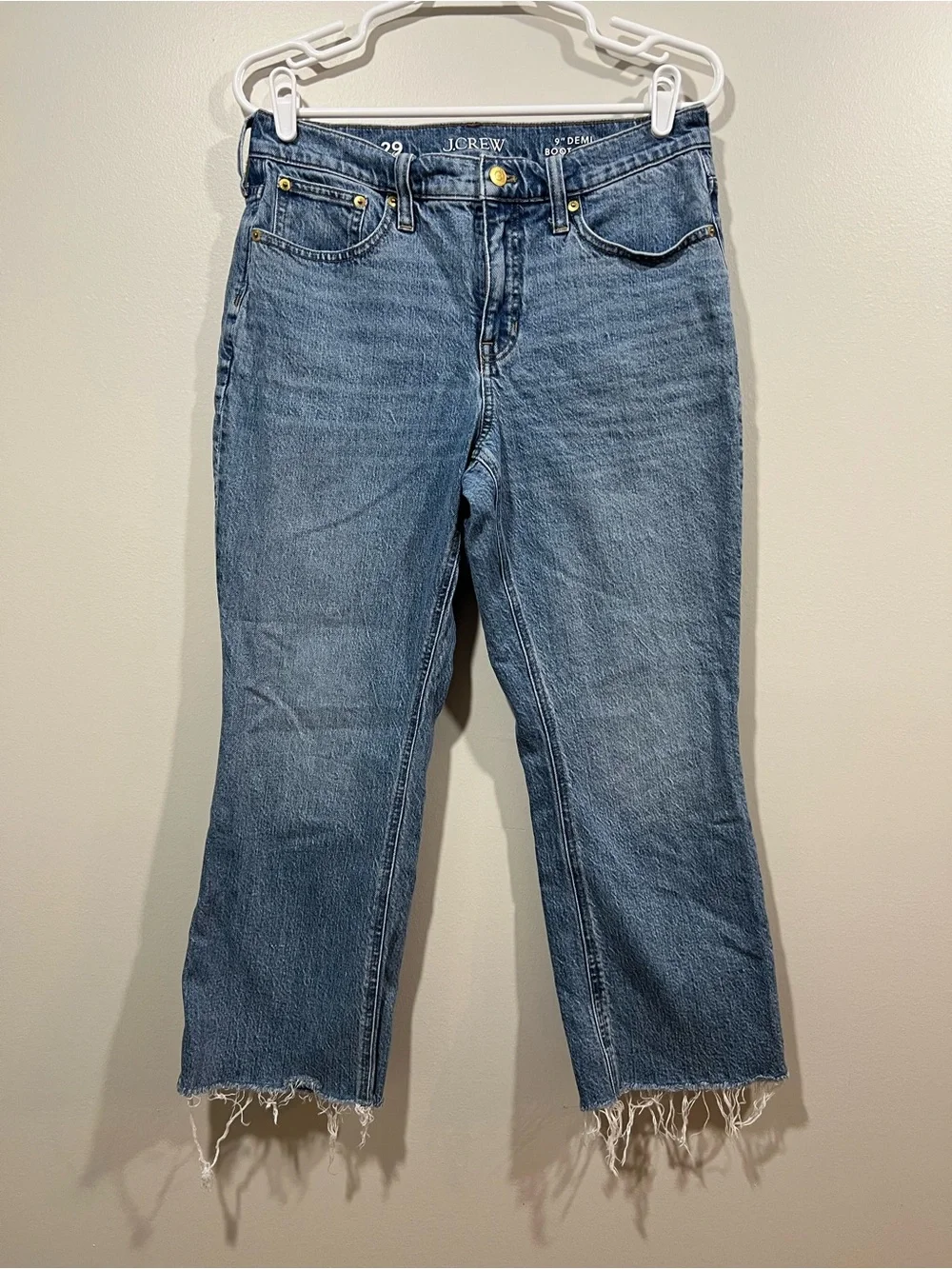 J. Crew Demi Boot Cut Cropped Raw-Hem Jeans in Medium Blue Size 29